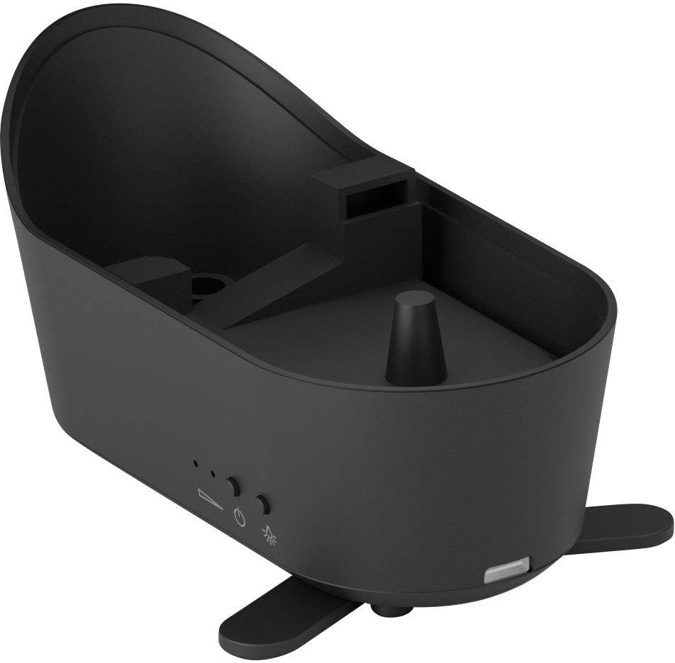 A black device with supporting legs and controls on the side, likely an electronic charging or display unit.