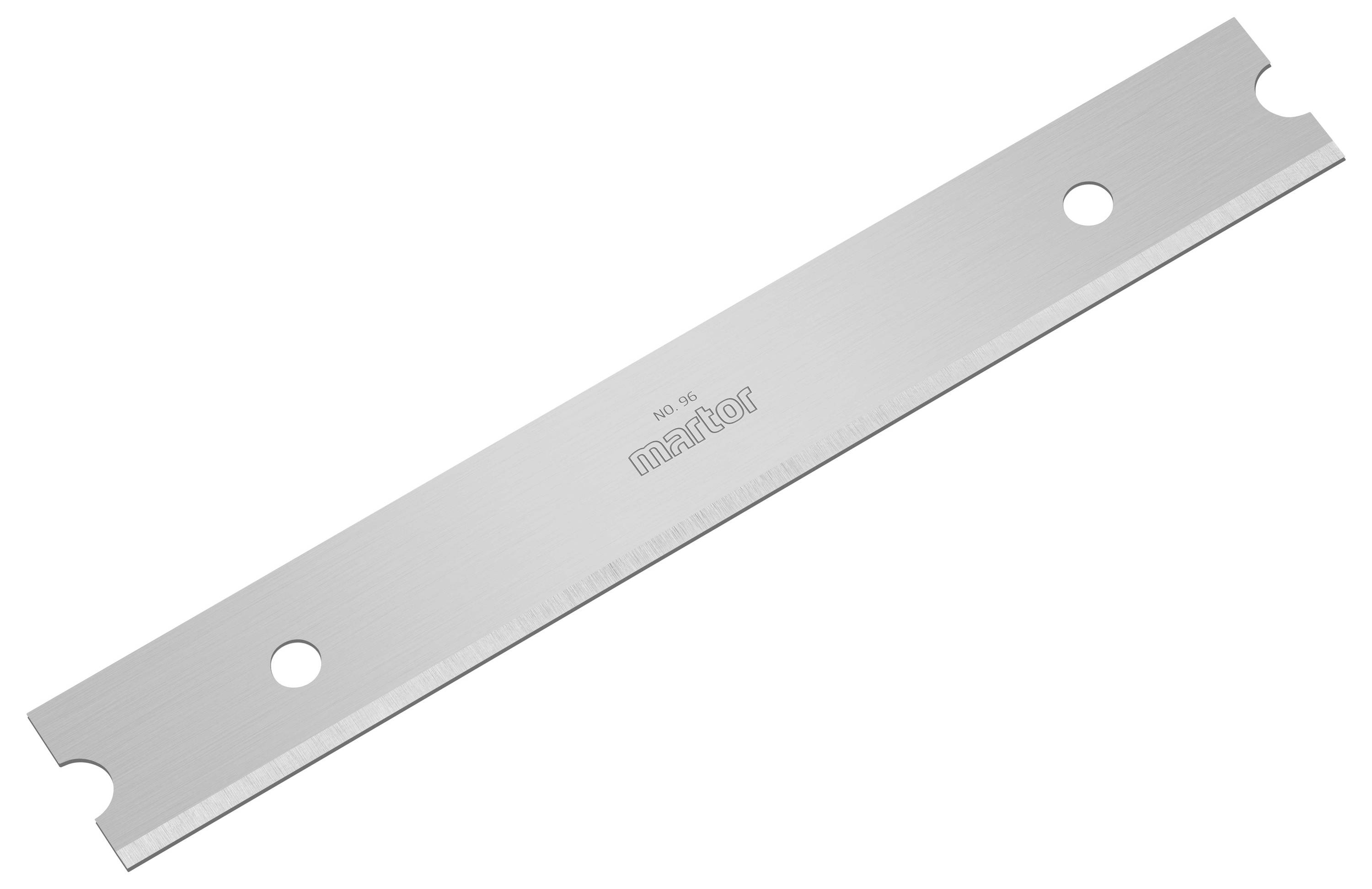 Silver blade with two round holes, suitable for plastic or paper materials, marked with the manufacturer's logo.