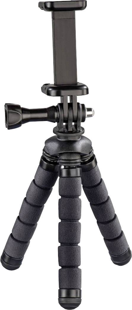 Tripod with flexible foam grip and adjustable mounting bracket for smartphones and compact cameras.