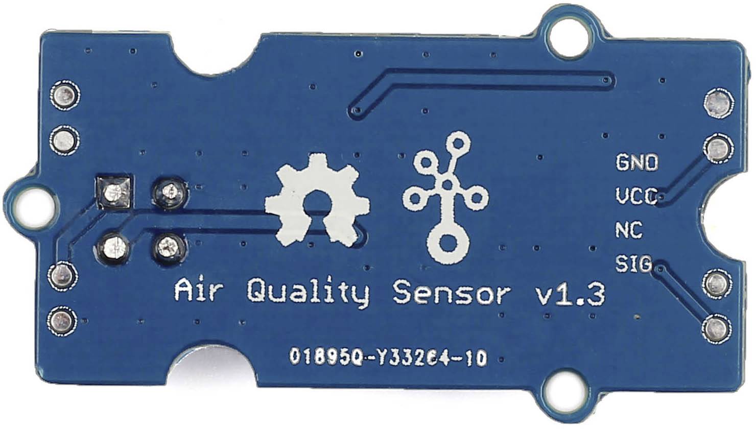 Back of a blue air quality sensor v1.3 with connections for GND, VCC, NC and SIG.