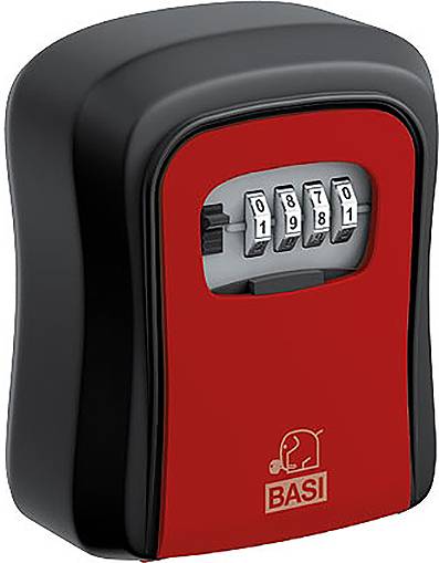 A black and red key safe by BASI with a four-digit numerical code set to 1981.