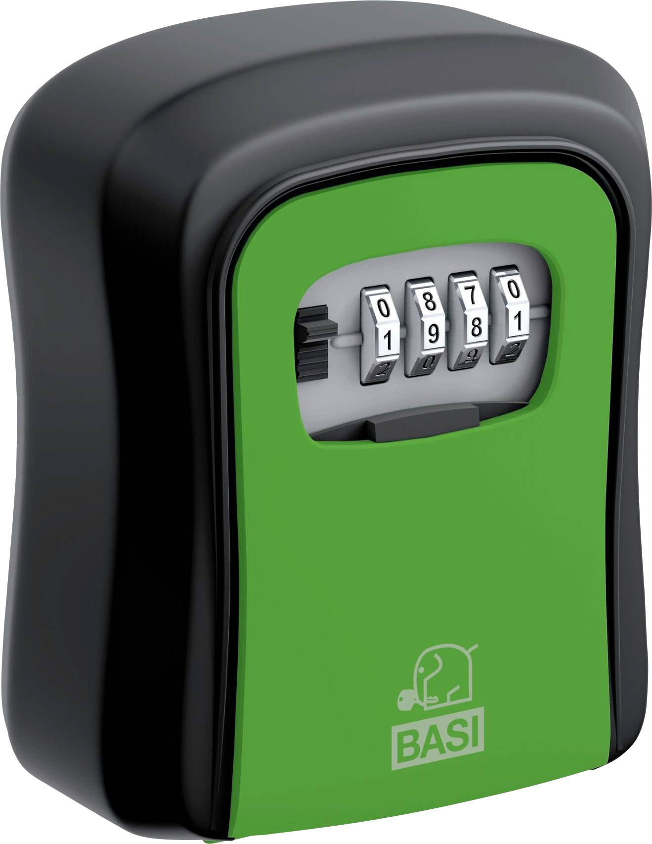 Black and green key safe box with numerical code 1981, brand BASI. For securely storing keys in outdoor areas.