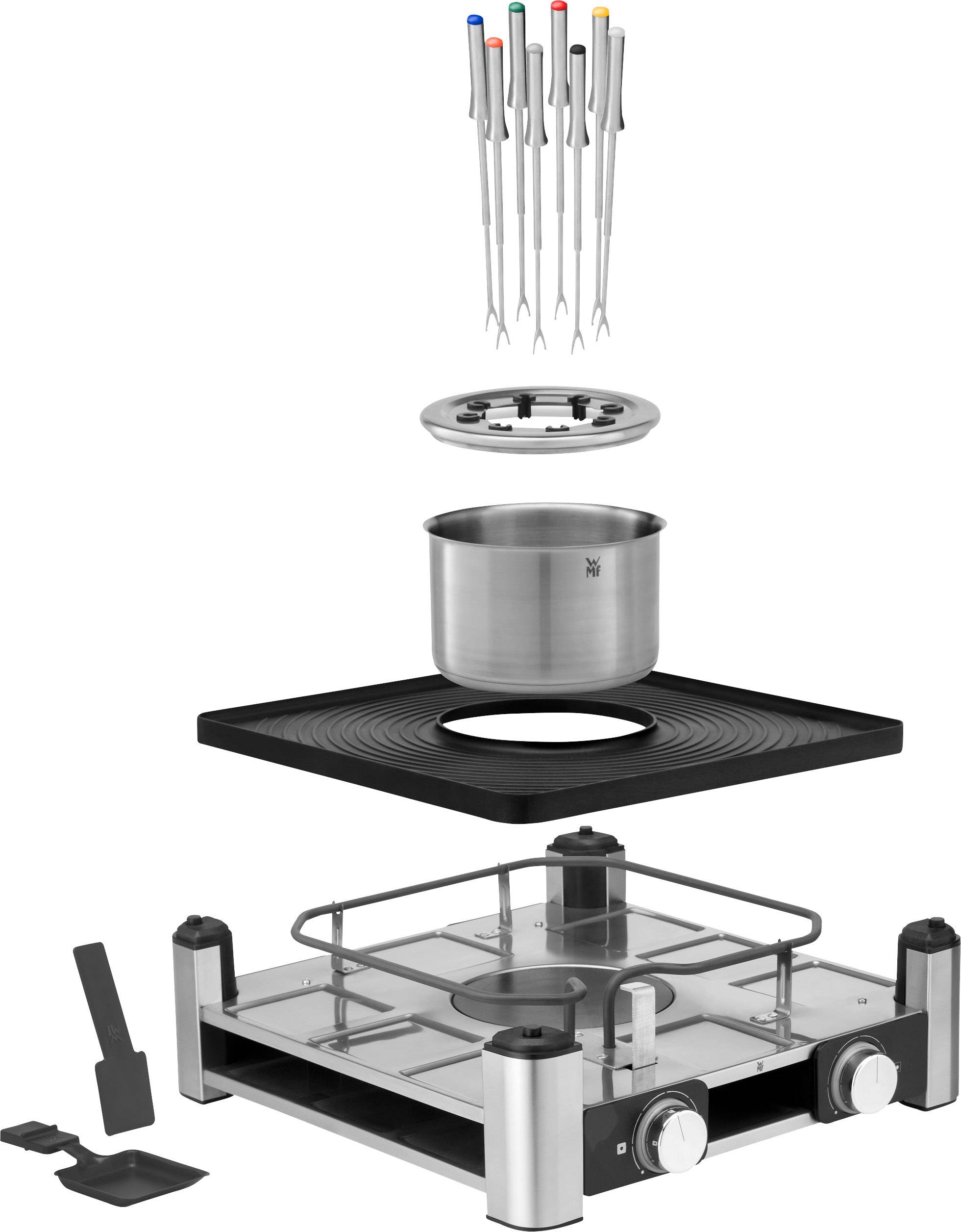 Fondue set with pot, forks and hot plate. A pot hovers over a rectangle with space for forks. Control buttons are visible at the bottom.