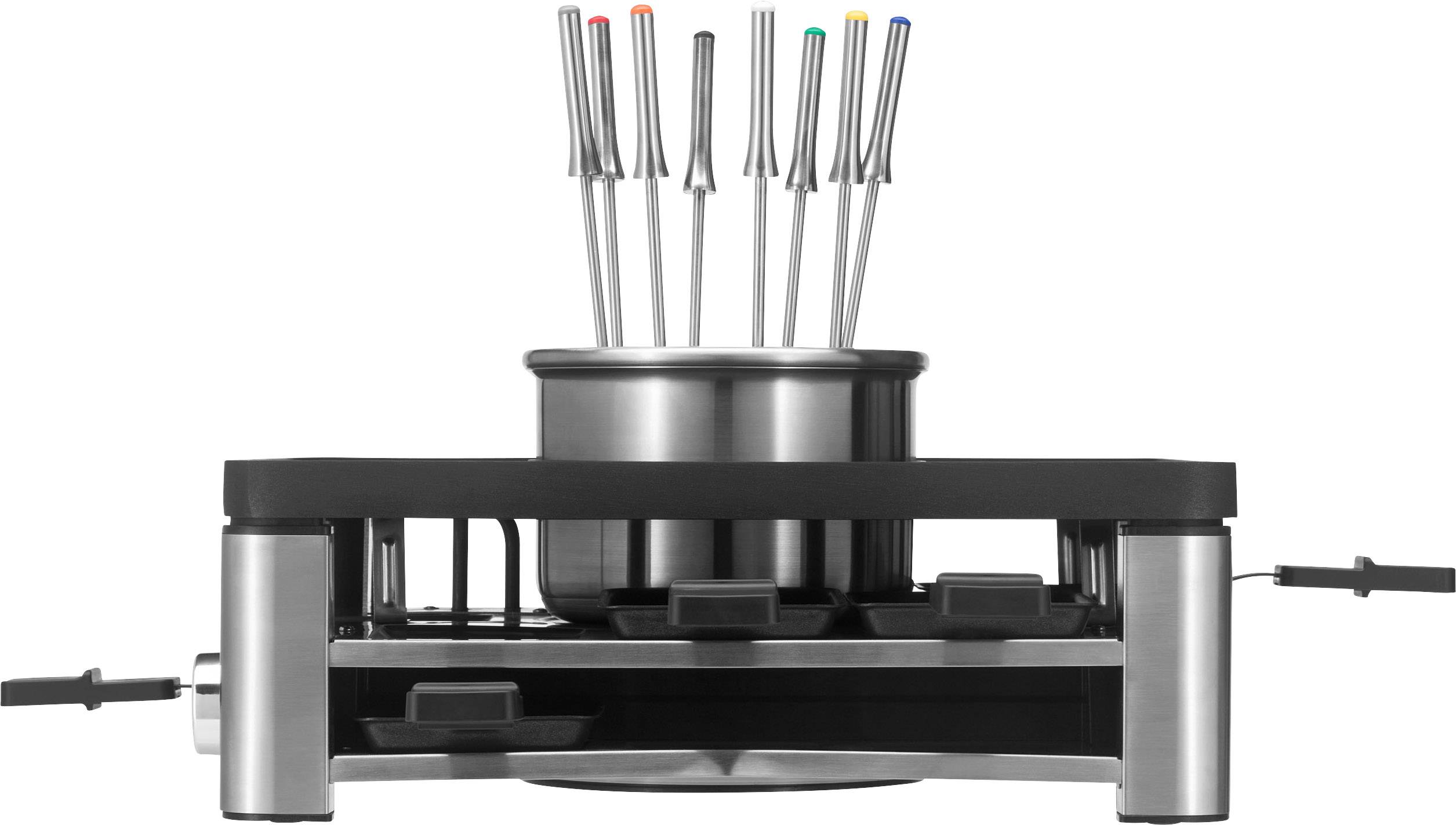 A fondue set with nine fondue forks, each marked with a coloured dot, sits in a pot on a modern heating device.