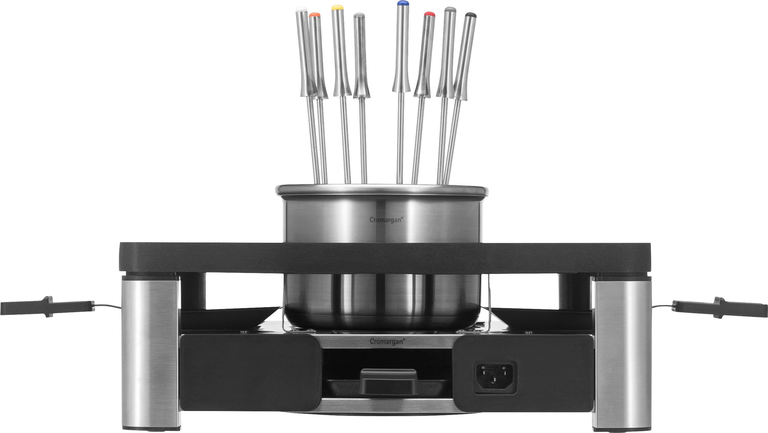 An electric fondue set with eight differently coloured forks, placed on a table. Perfect for sociable meals.