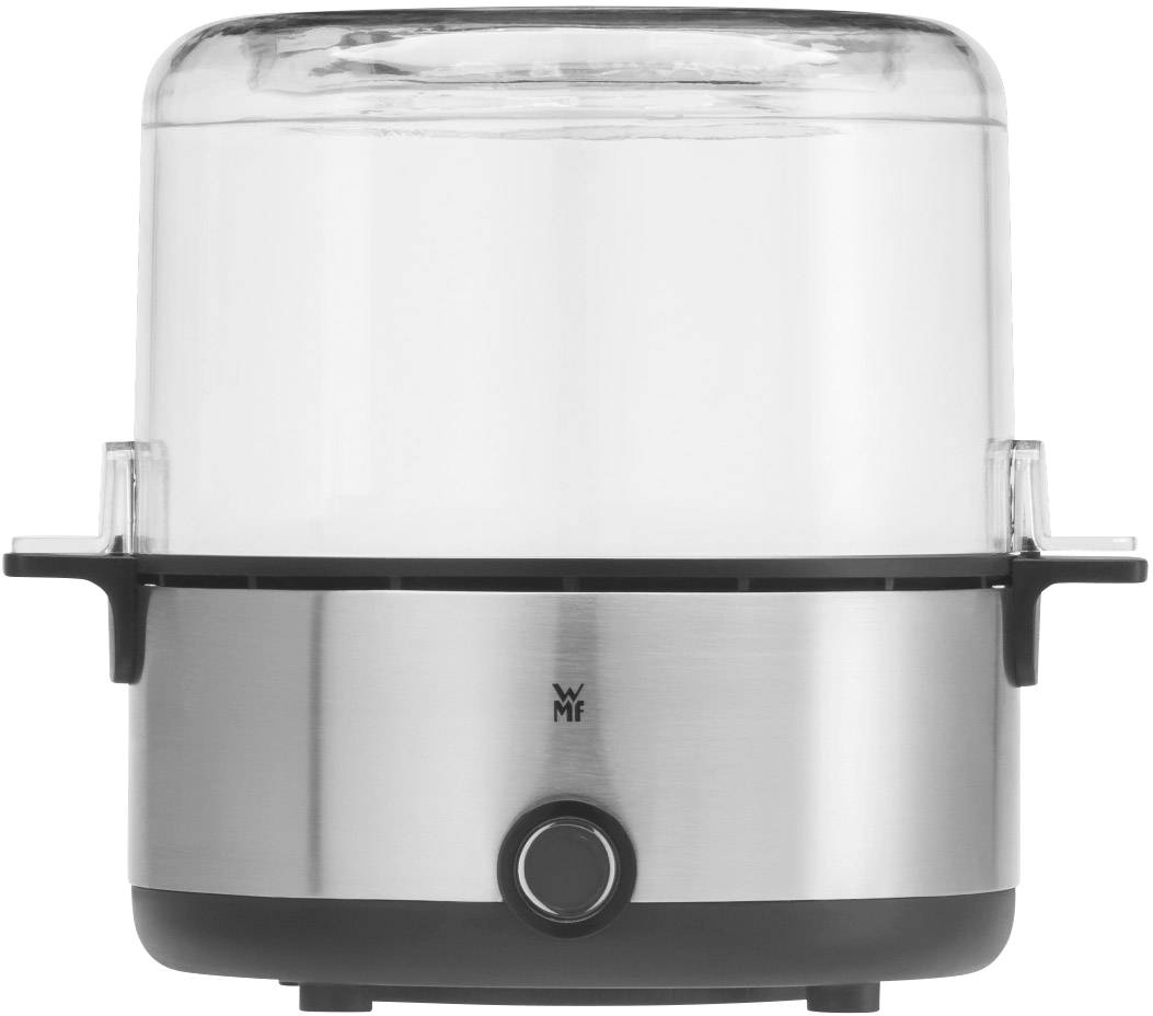 A silver egg boiler with a transparent lid, suitable for cooking multiple eggs simultaneously.