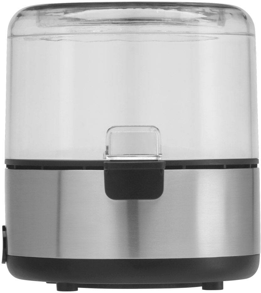 Electric coffee grinder with transparent lid and stainless steel casing.