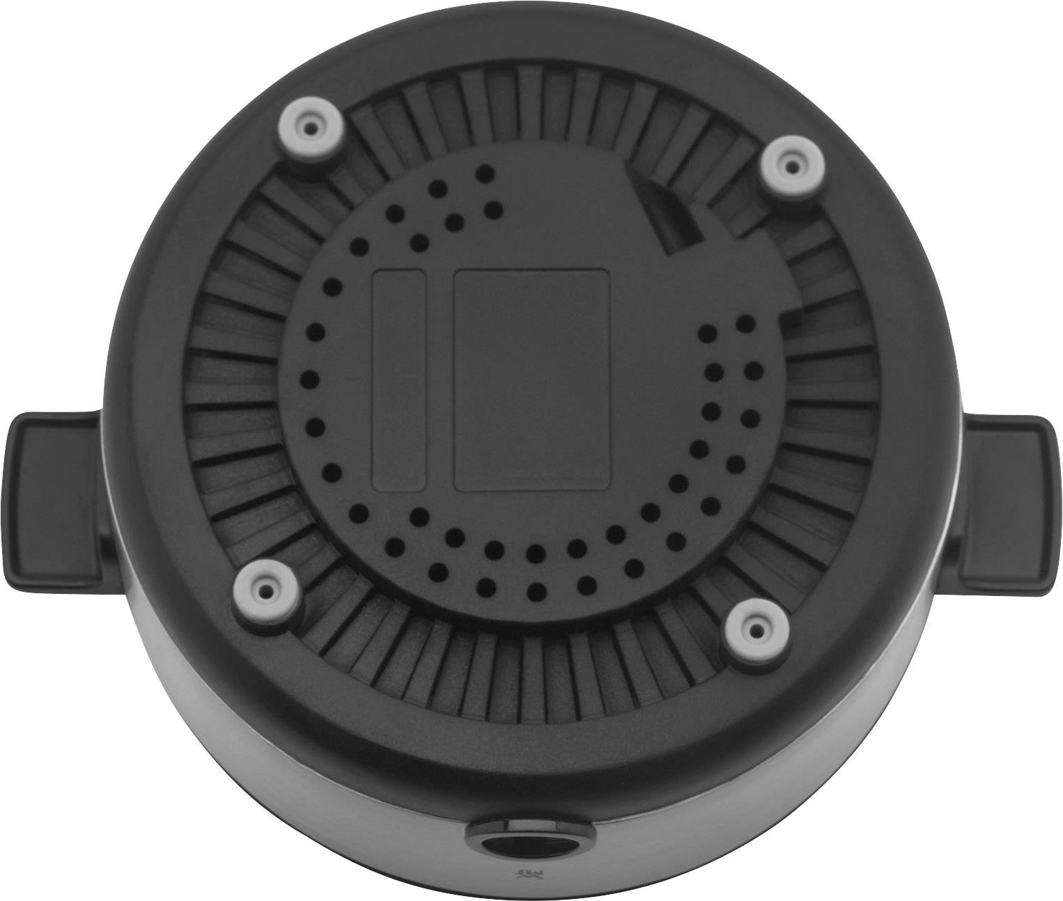 A round electric cooker viewed from above, showing a removable base with four mounting points and ventilation openings.