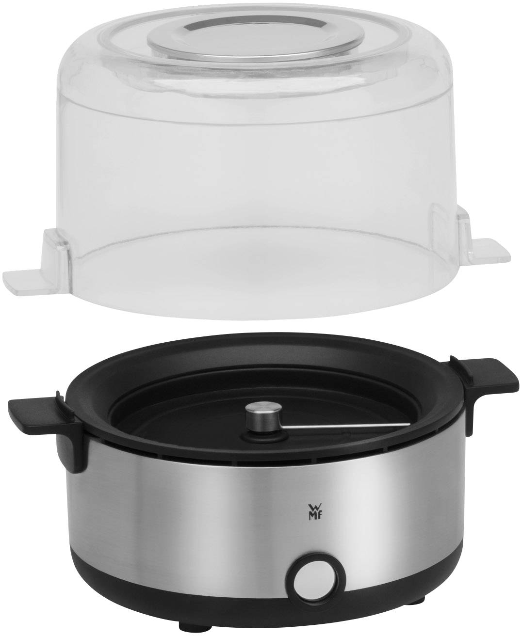 A round stainless steel baking tin with handles and a clear plastic lid, suitable for baking or storage.