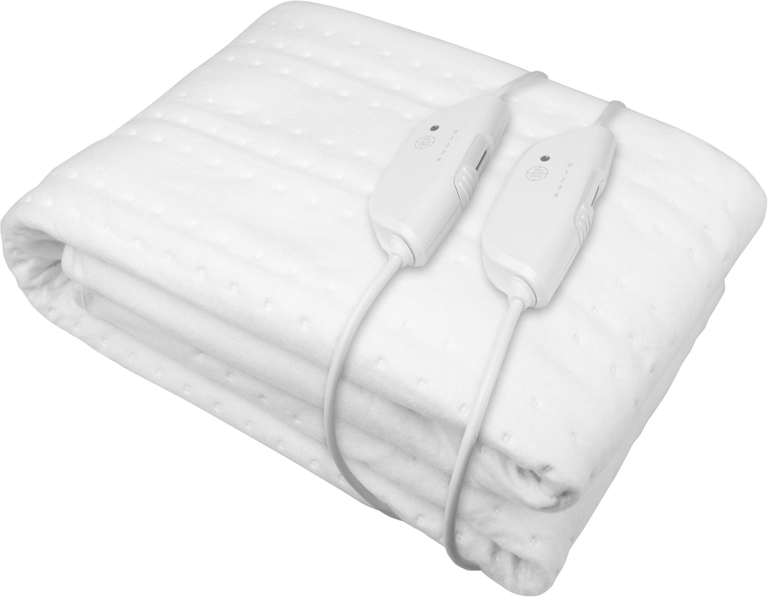 White folded electric heated blanket with two control units on the top surface.