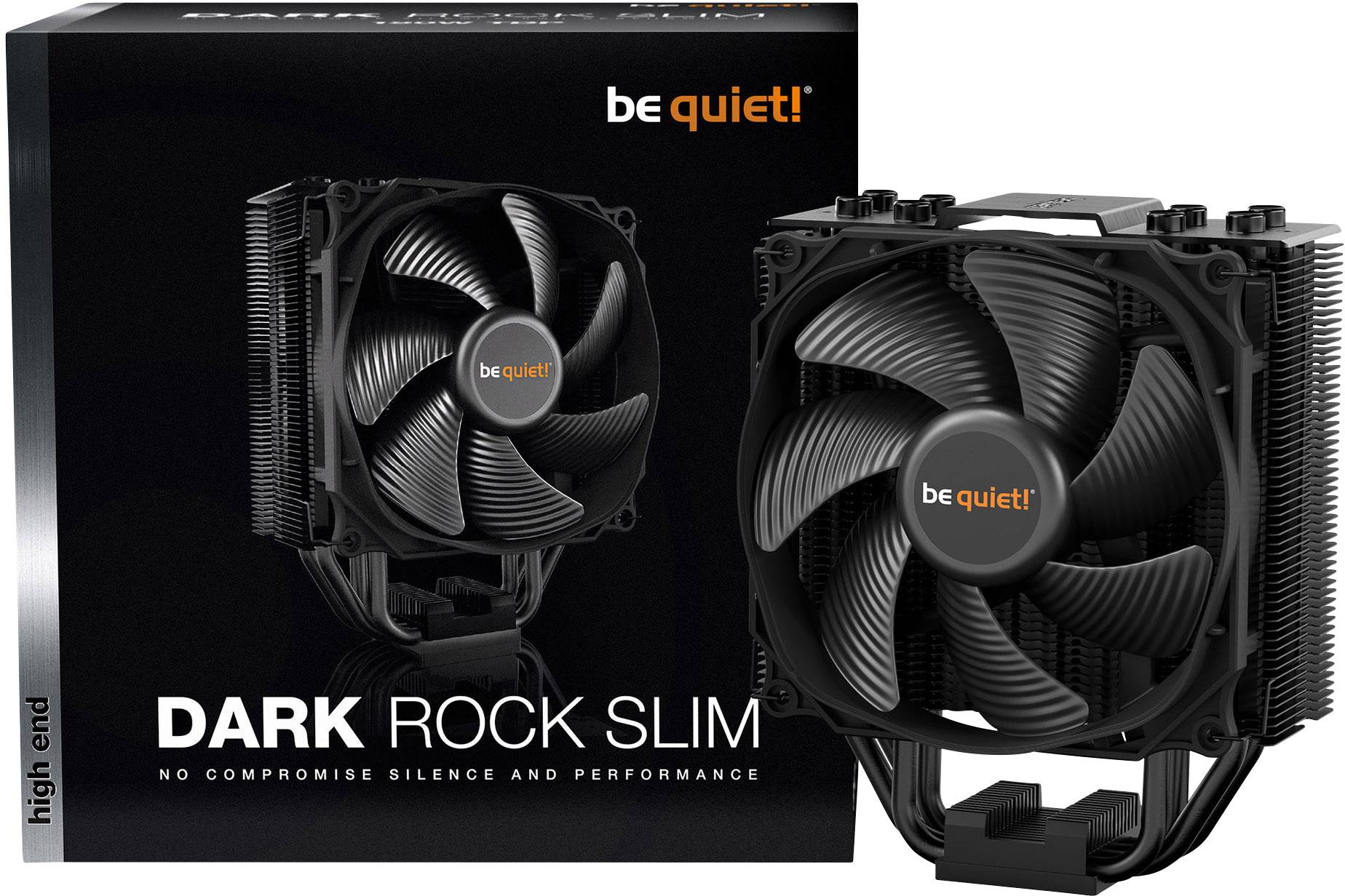 Black CPU cooler from be quiet! with four heat pipes and large fan. Packaging beside the cooler shows it in high quality.