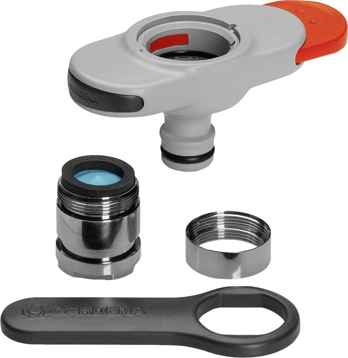 A watering adapter in its component parts: a grey housing with a red lever, a metal filter, a threaded ring, and a grey spanner.