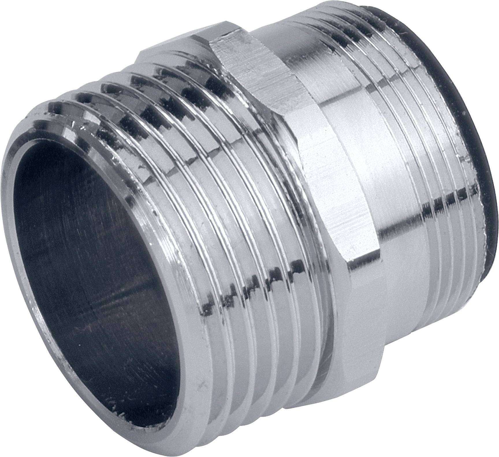 A gleaming metal adapter with an external thread, suitable for connecting two pipes or hoses, shown in close-up.