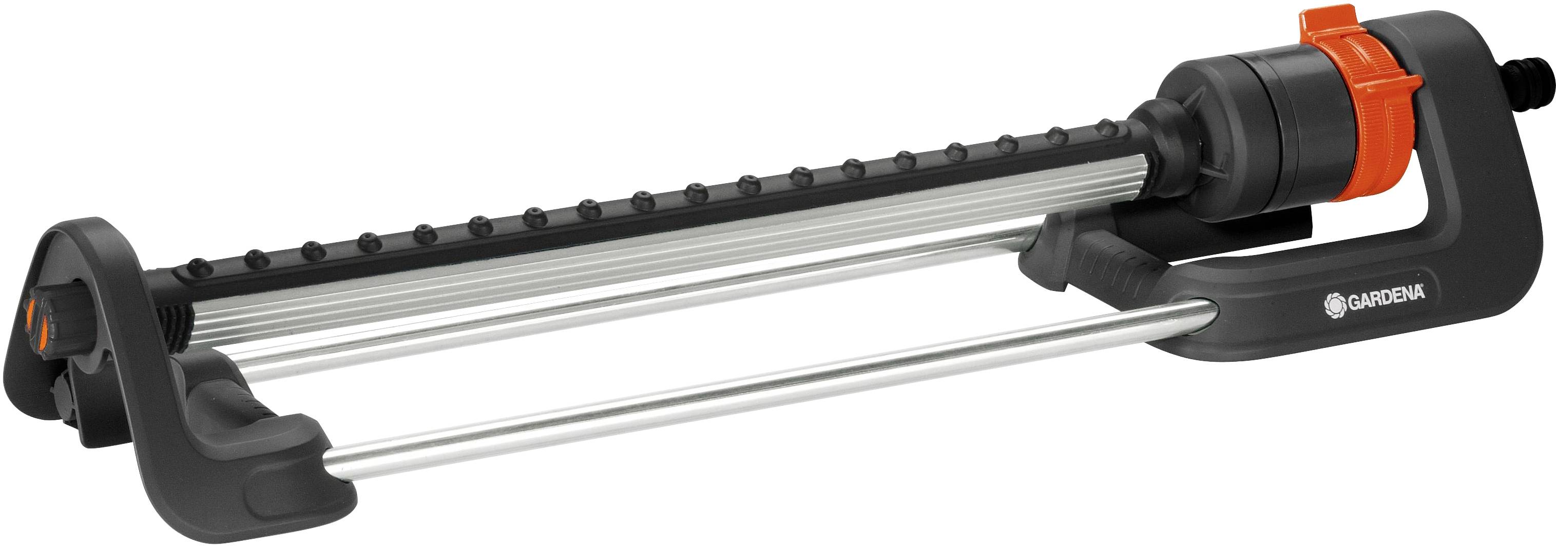 A black and silver lawn sprinkler with orange details. Suitable for even watering of rectangular areas.