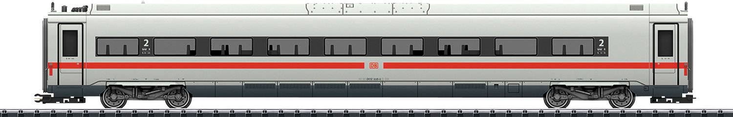 A modern express train carriage on a railway track. The train is silver with a red stripe and has multiple windows along its side.