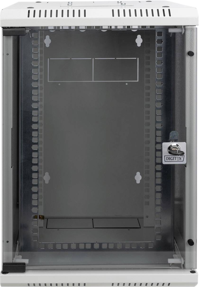 Metal cabinet with glass sliding door and a lock on the right side, empty.