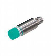 A cylindrical proximity sensor with a metallic threaded housing and a green sensor head.