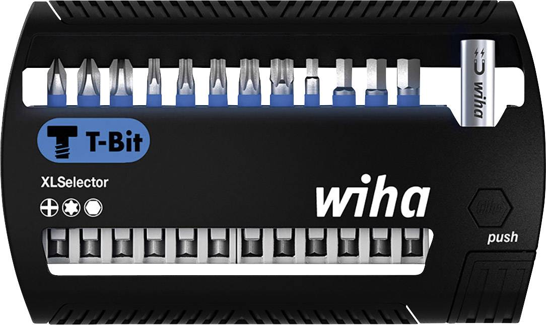 Bit set with various attachments, arranged in a black holder. Labelled with 'T-Bit XLSelector' and 'wiha'.