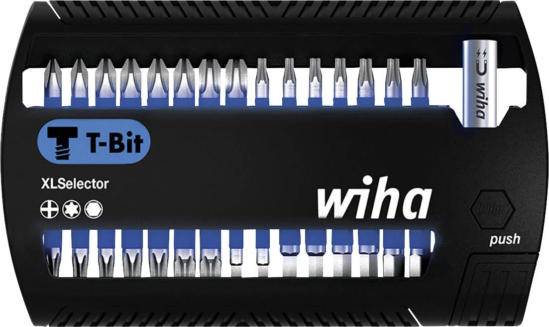 'XLSelector T-Bit Wiha': Set of screwdriver bits in a box, with colourful bit tips visible. Contains various bit types for different screws.