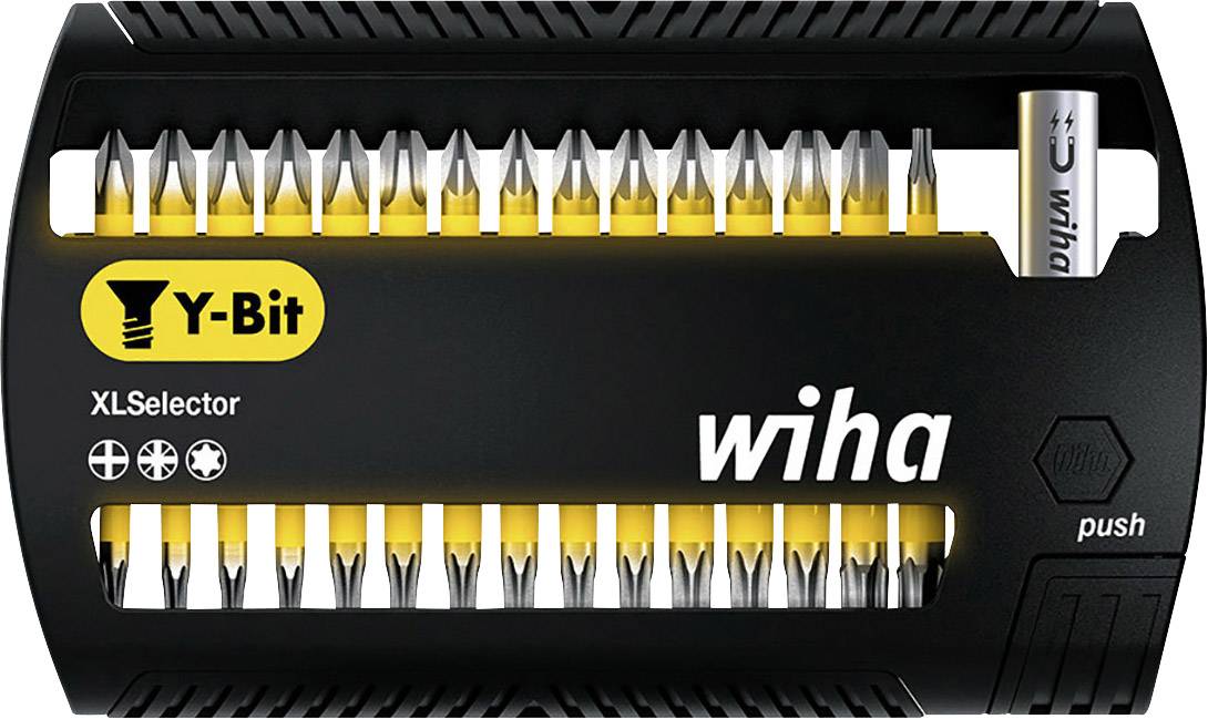 'Y-Bit XLSelector' by Wiha, a set of screwdriver bits in various sizes. Contains 30 bits in a black plastic case.