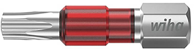 A silver Torx bit with a red central section, on which the brand name 'Wiha' is engraved. Shown from the side.