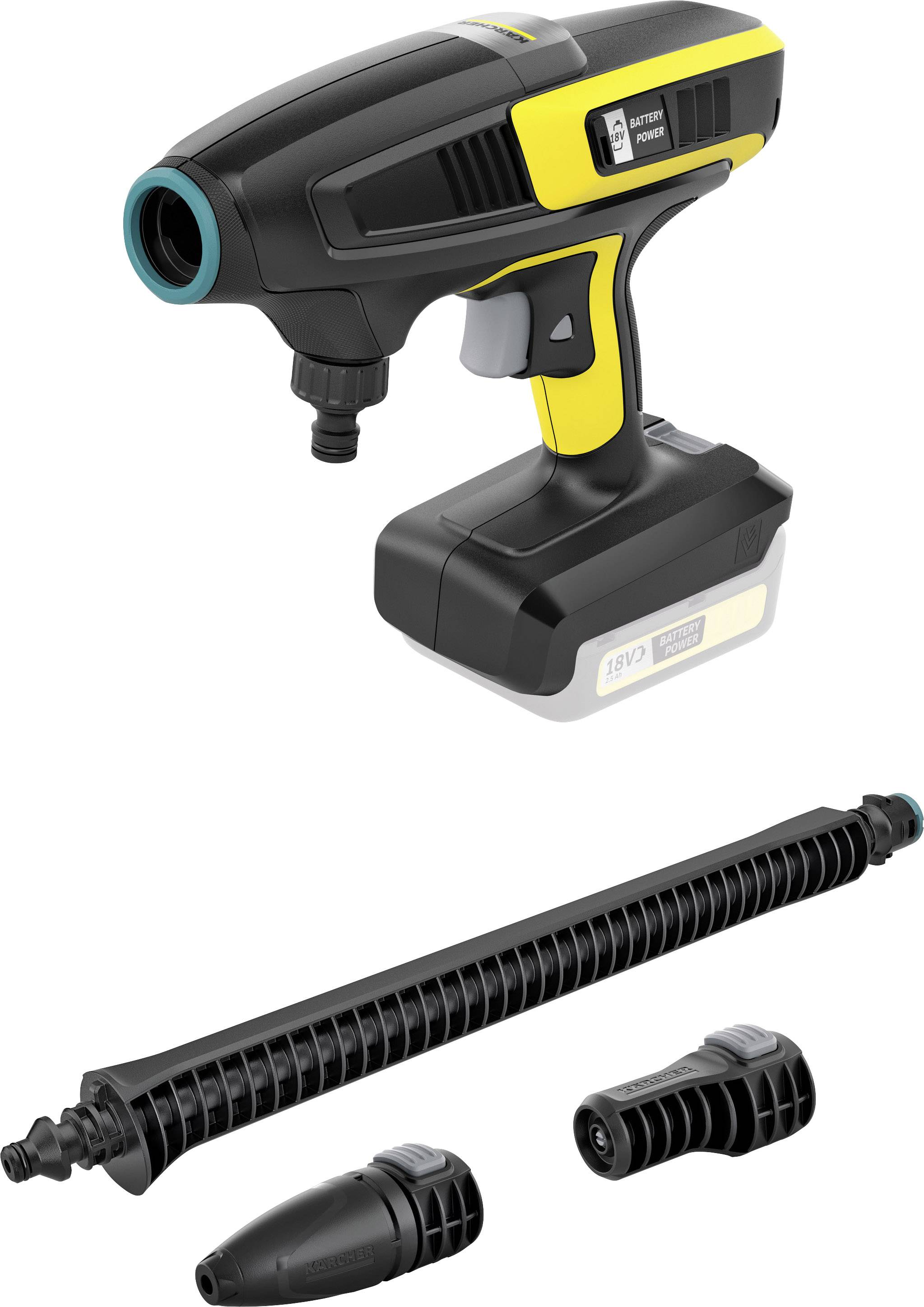 Pressure cleaner with yellow and black design, removable battery, and accessories including extension rod and nozzle attachments for versatile cleaning.