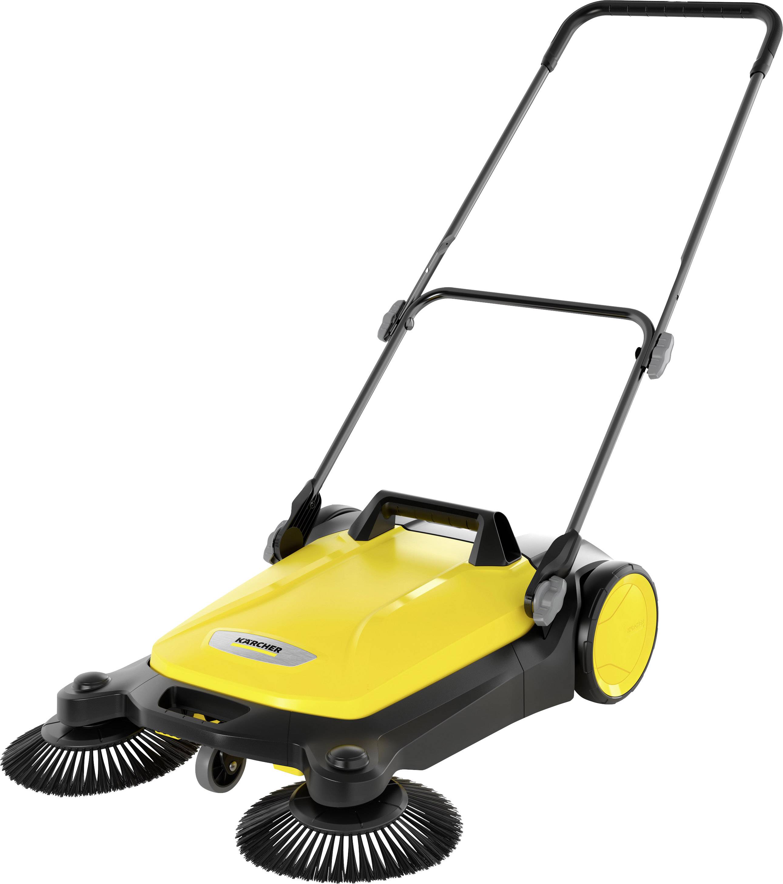 Yellow sweeper with two rotating brushes at the front, black handle, and wheels. Designed for efficient sweeping of large areas.