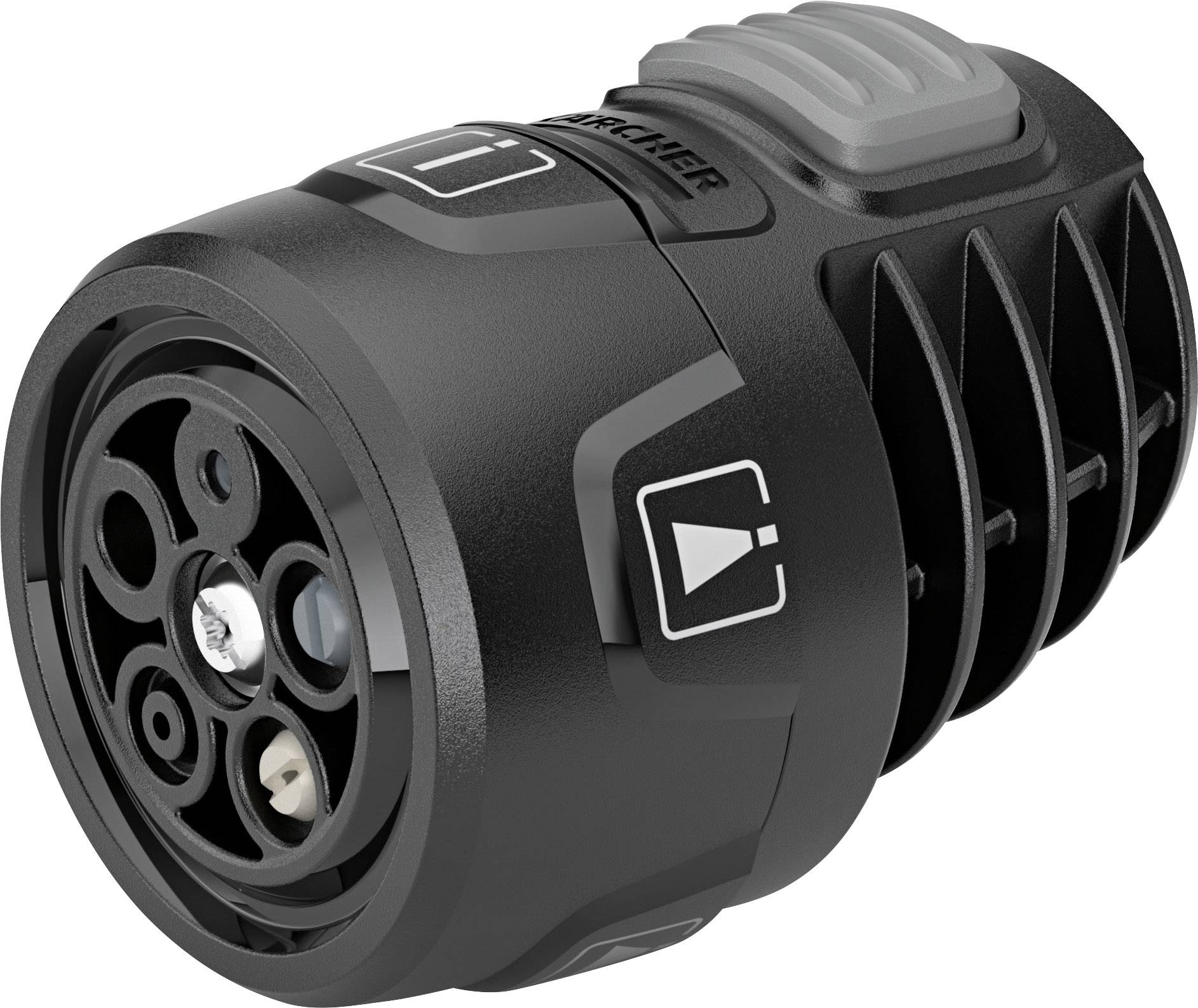 Black cleaning nozzle component with multiple connections and symbols, suitable for pressure cleaners, demonstrates versatility and functionality.