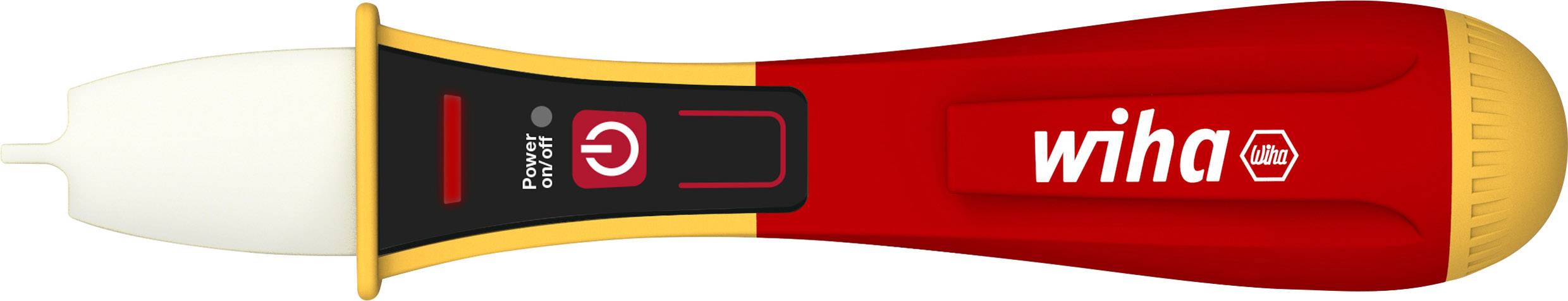 A red voltage tester with a yellow handle by Wiha, displaying a voltage testing symbol and switched on.