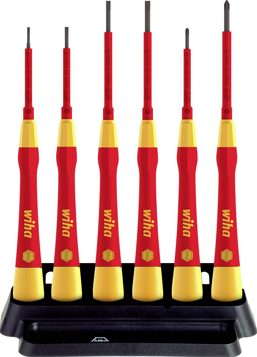 Six red and yellow screwdrivers from Wiha are standing in a black holder.