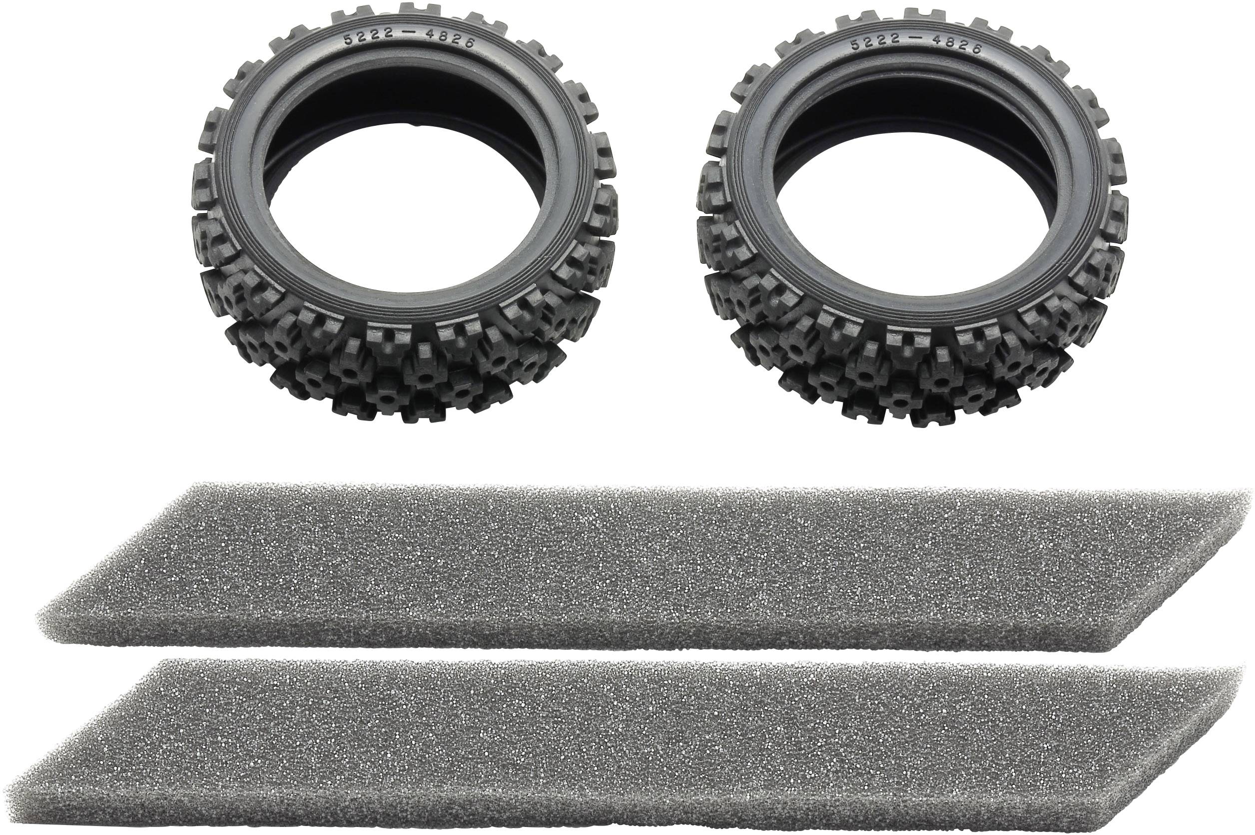 Two chunky tyres and two rectangular foam inserts. The tyres are black with deep tread for off-road use.
