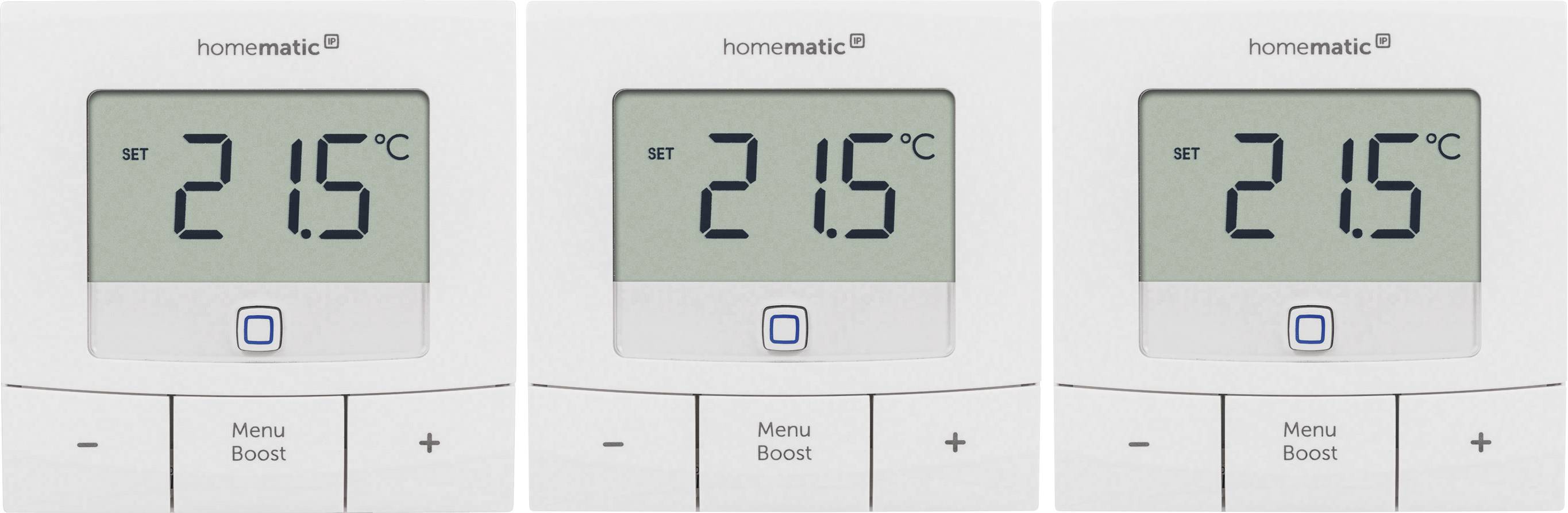 Three digital thermostats, each displaying '21.5°C'. A central square button, with 'Menu' and 'Boost' written underneath.