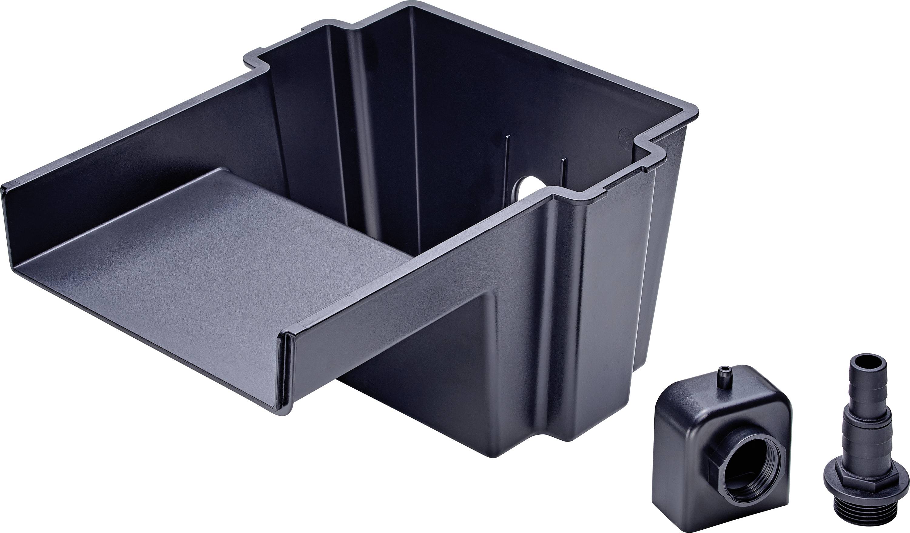 Black plastic component with three parts: a large rectangular container, a block with a hole, and a nozzle adapter.