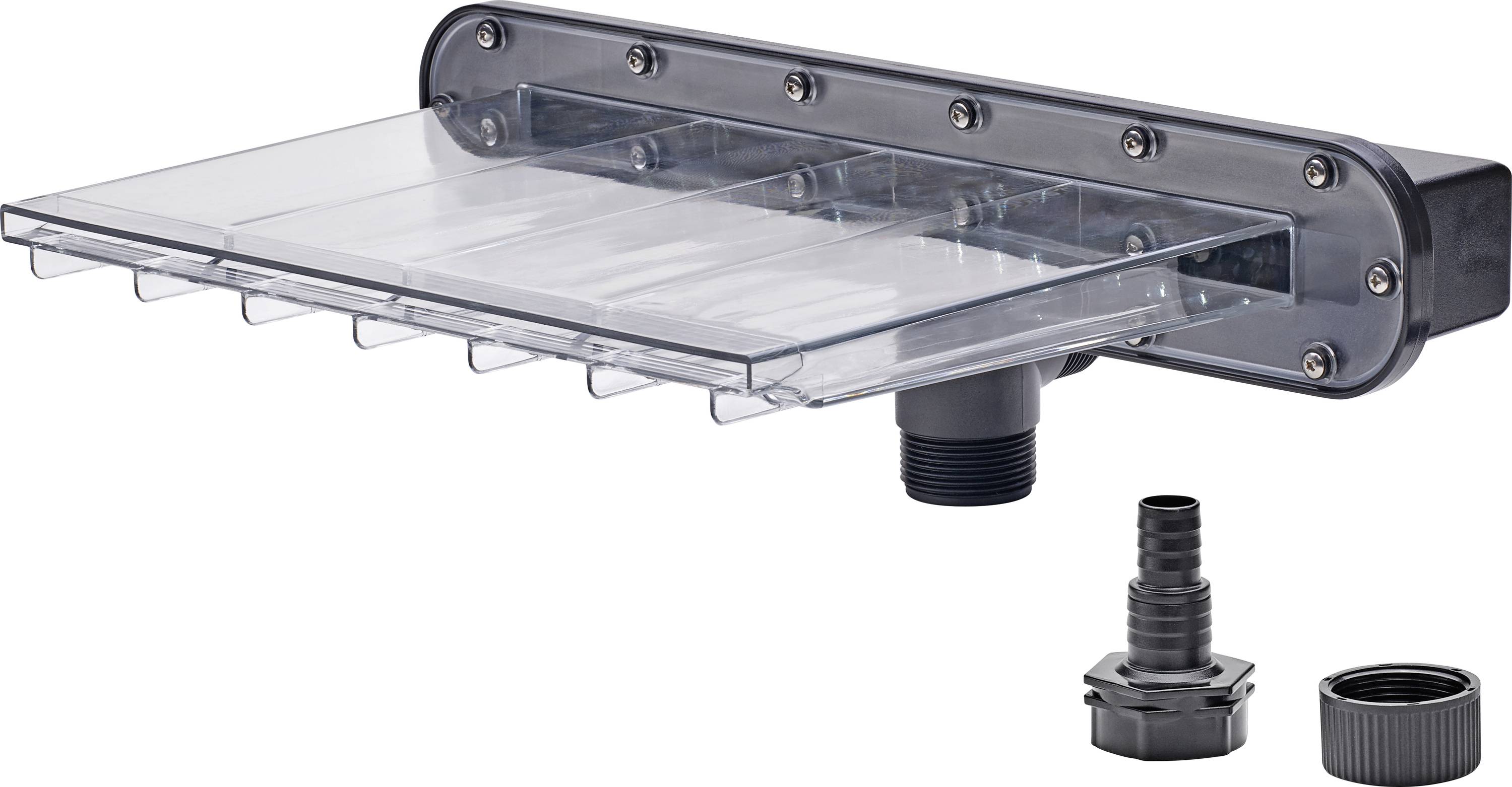 Plastic waterfall spillway with fittings for water feature installations, featuring a transparent water flow area and a black connector.