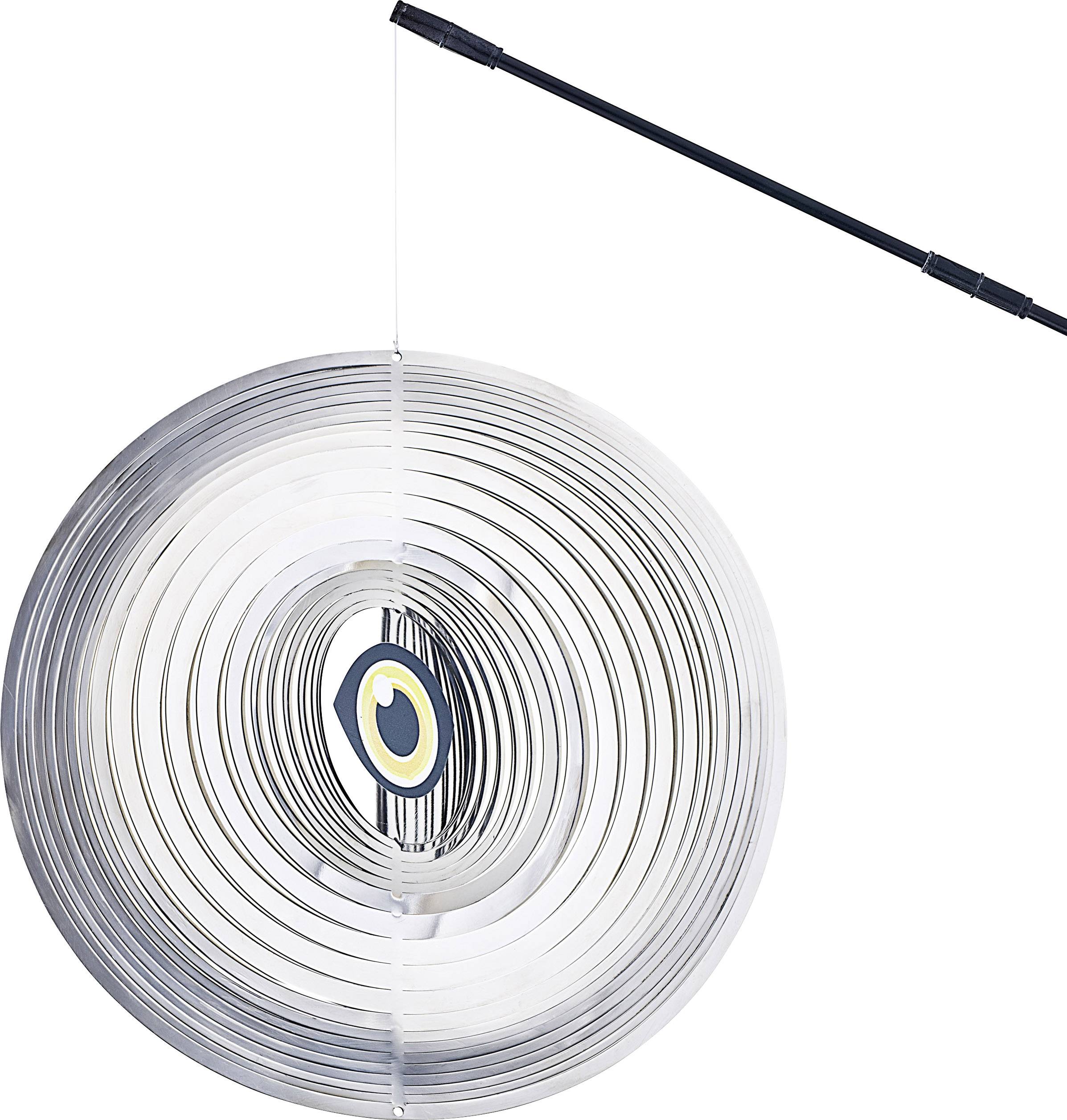Metallic Garden Deco Spinner in Spiral Design, Capable of Rotating in the Wind. Silver-Coloured Surface with Blue and Yellow Accents.