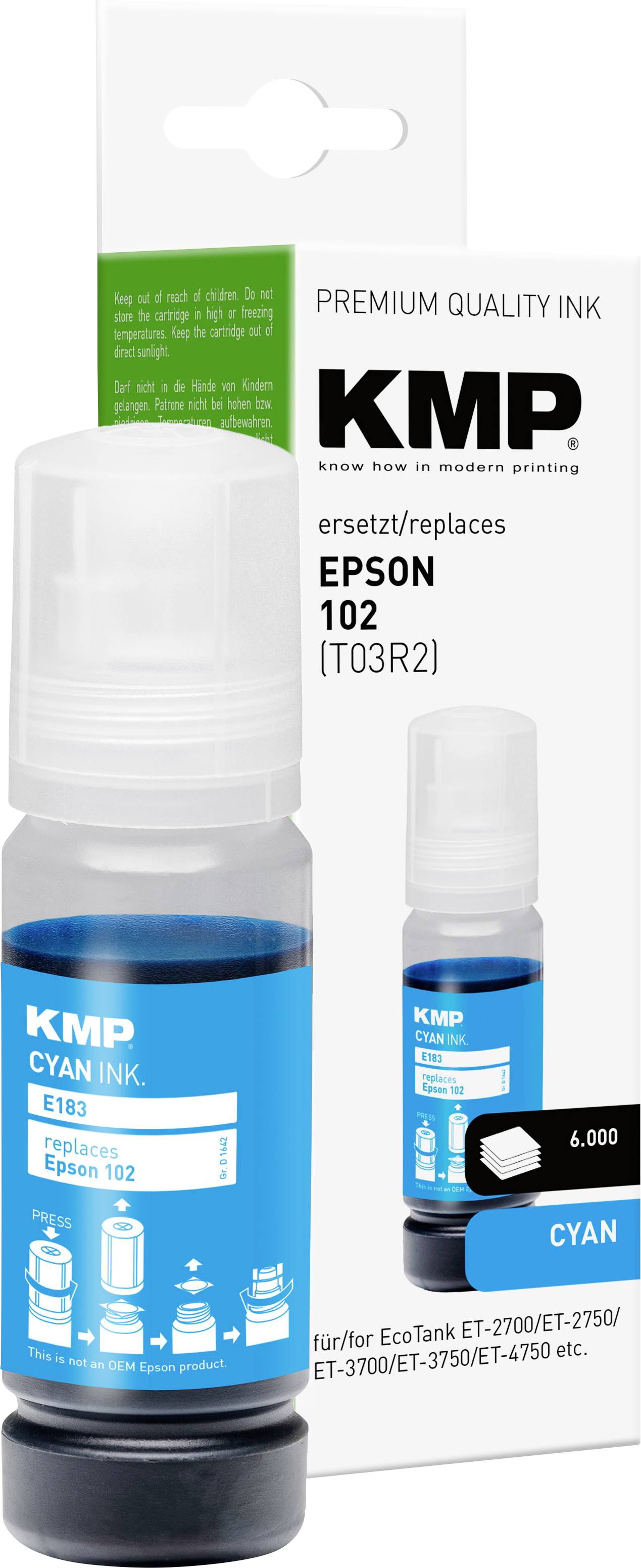 Cyan ink bottle replacement for Epson 102, compatible with EcoTank models ET-2700/2750/3700/3750/4750, 6,000 pages.