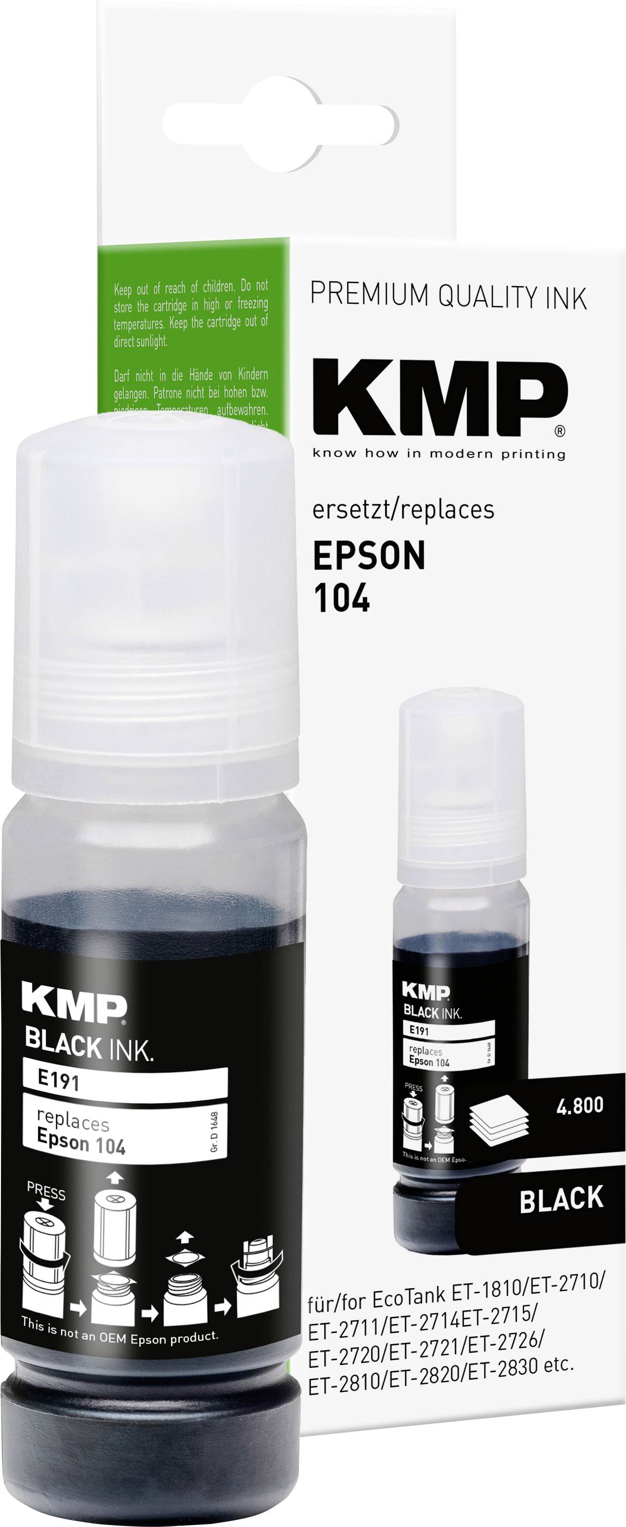 KMP premium quality black ink bottle, replaces Epson 104, for EcoTank printers ET-1810/ET-2710 series. Capacity: 4,600 pages.