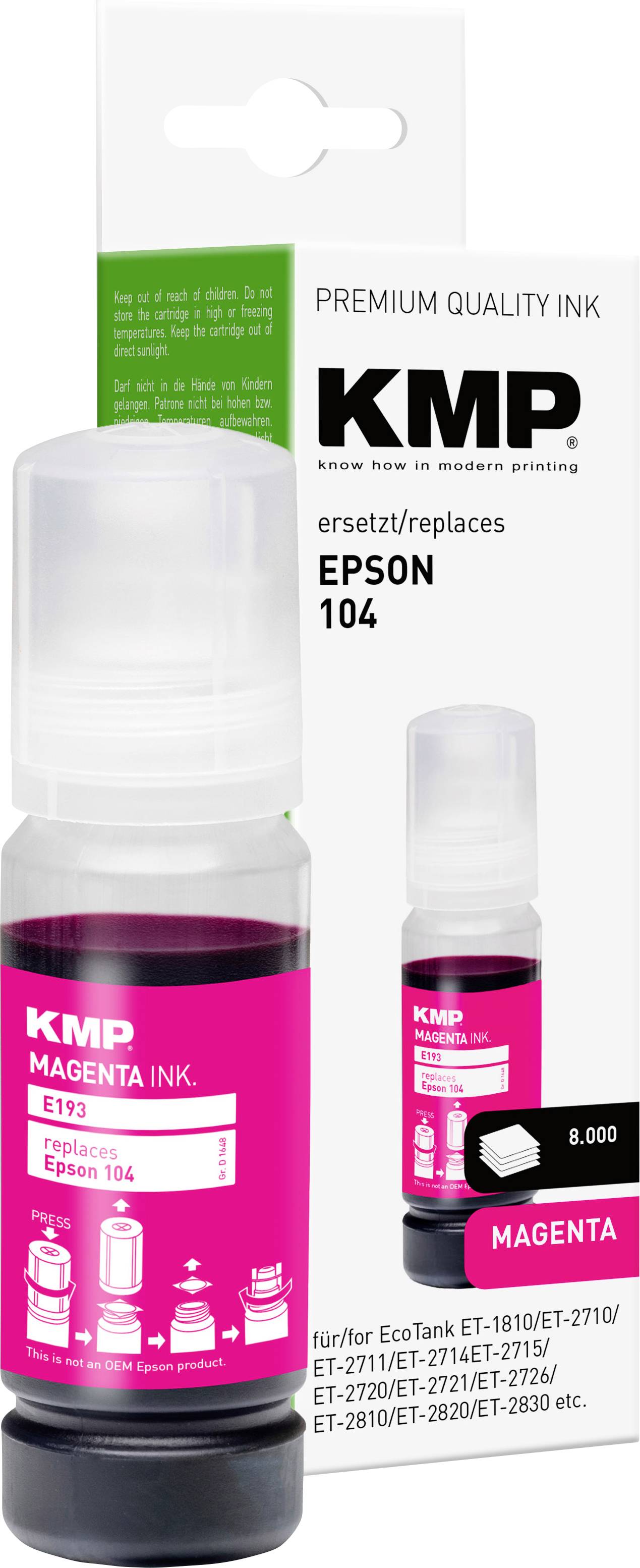 KMP magenta ink bottle replacement for Epson 104, shown with packaging. Compatible with EcoTank printers, provides 8,000 pages.