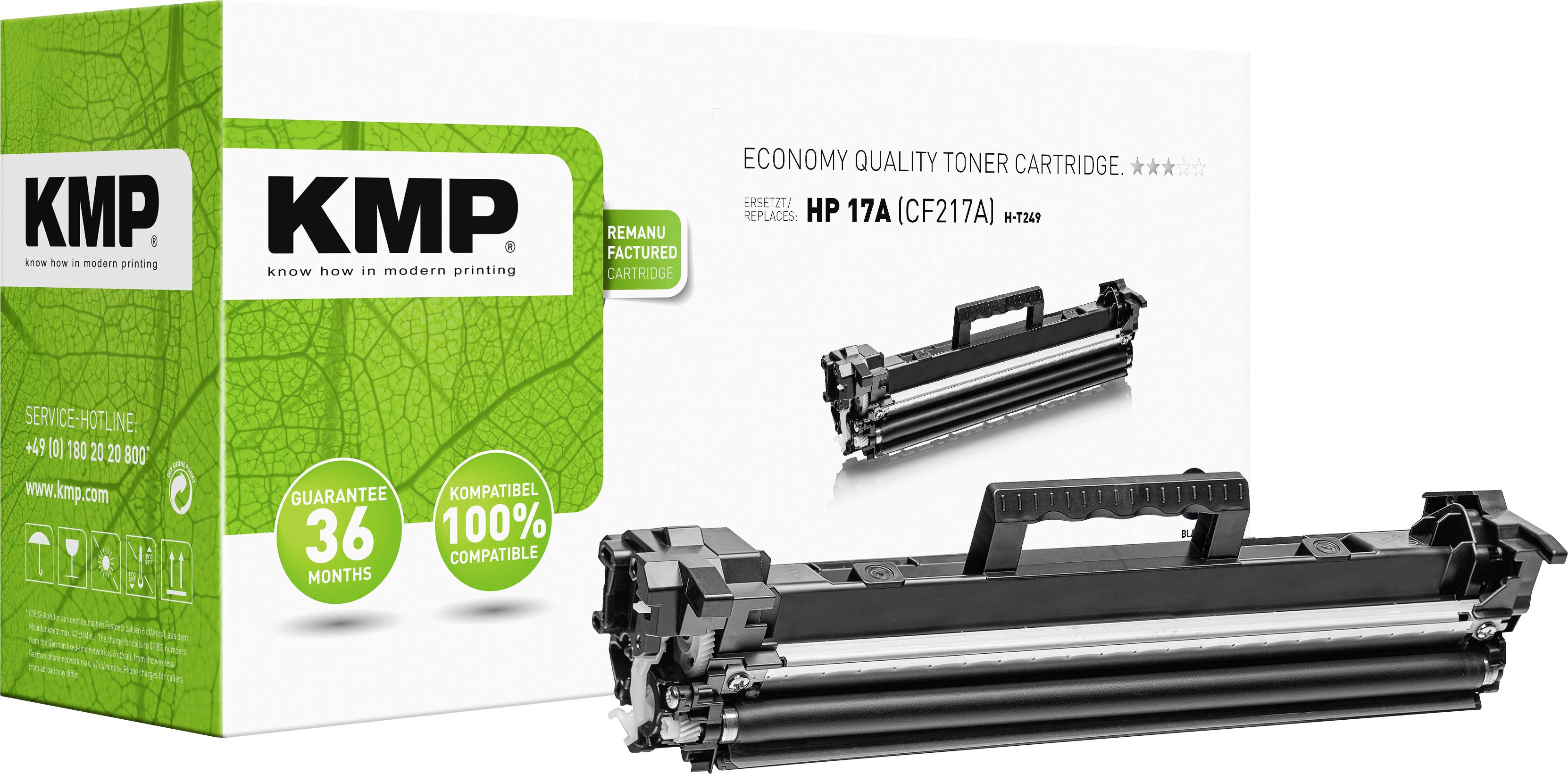 KMP toner cartridge, Model HP 17A, on packaging against a white background. Packaging text emphasises guarantee and 100% compatibility.
