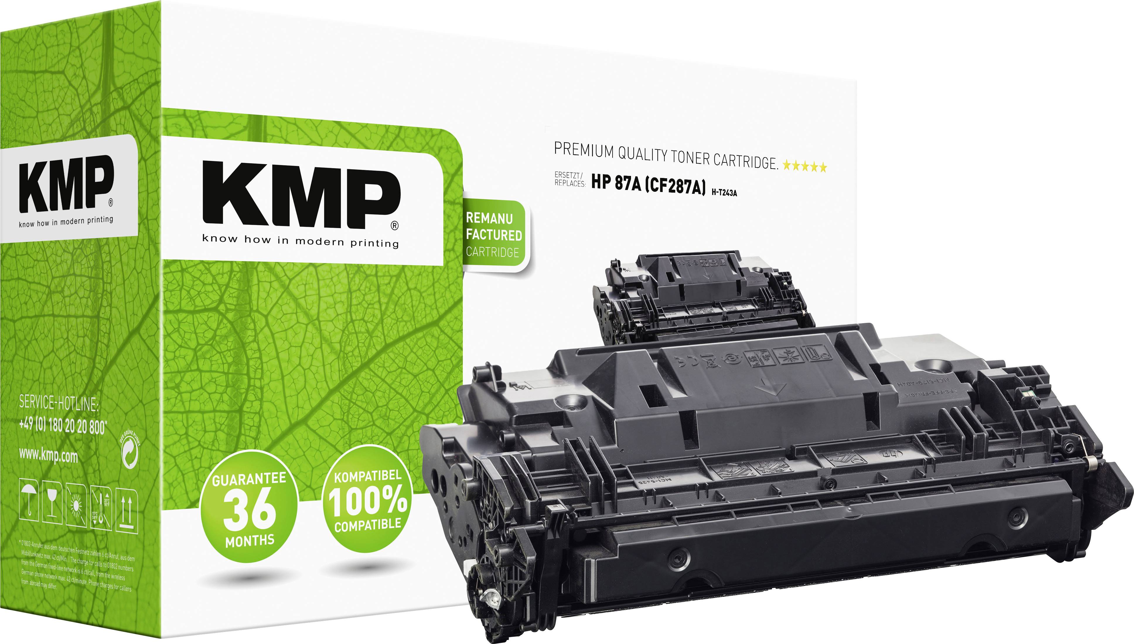 A premium toner cartridge by KMP for HP 87A (CF287A) is advertised with a 36-month warranty and 100% compatibility.