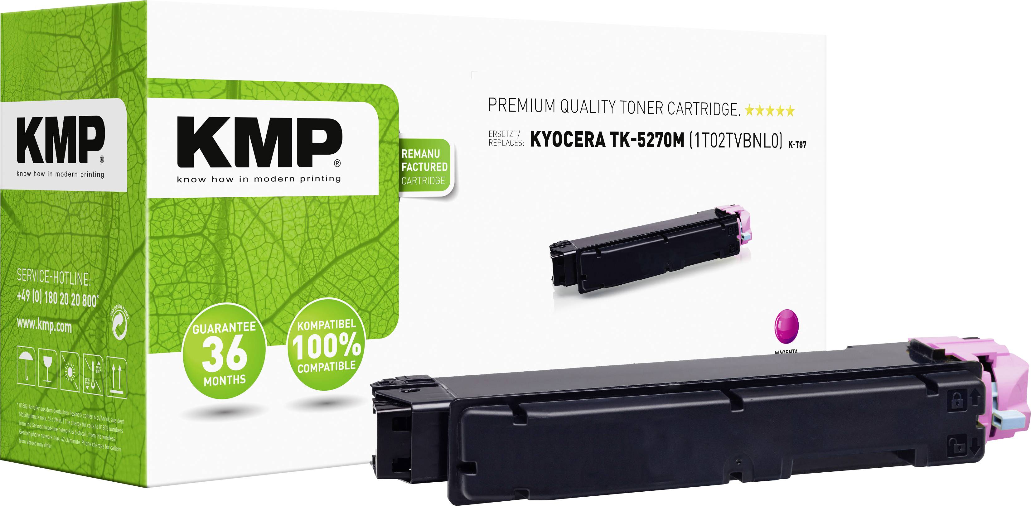 Toner cartridge KMP for Kyocera printer, model TK-5270M. Packaging displays manufacturer's logo and environmental sustainability seal.