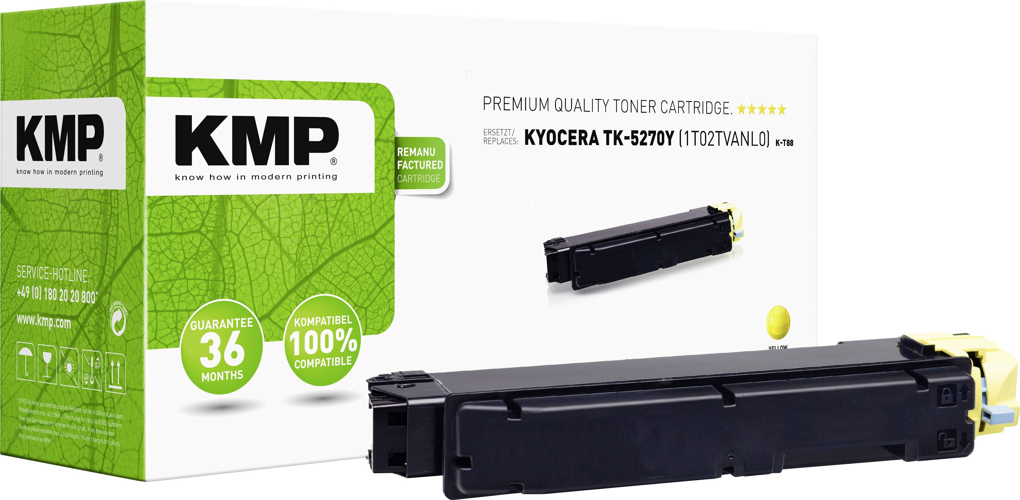 'KMP Toner Cartridge for Kyocera TK-5270Y, yellow, 100% compatible, 36-month warranty.' Packaging with toner on white background.