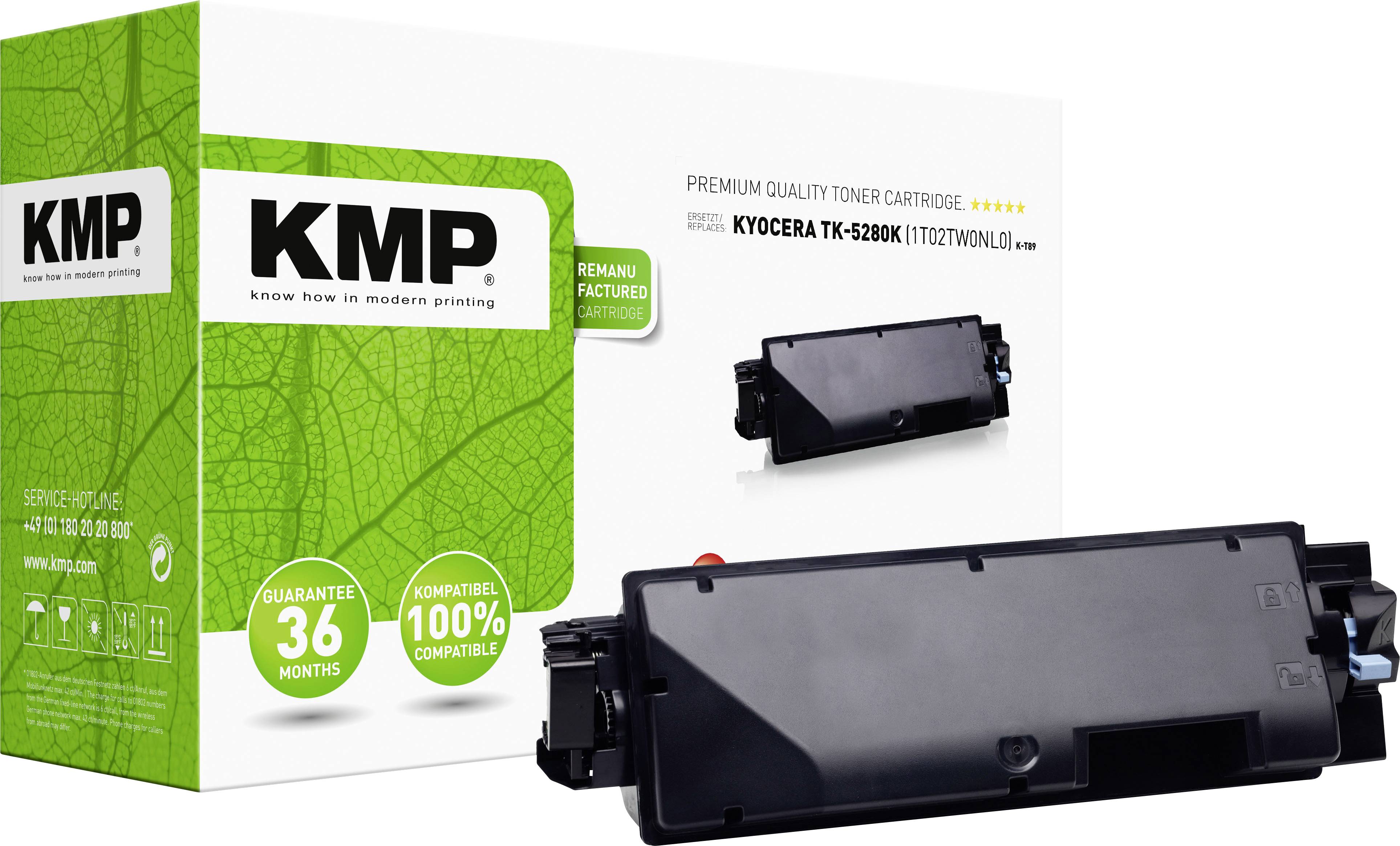 KMP Premium Toner Cartridge for Kyocera Printer, Model TK-5280K. Packaging displays green leaf pattern, toner cartridge at the front.