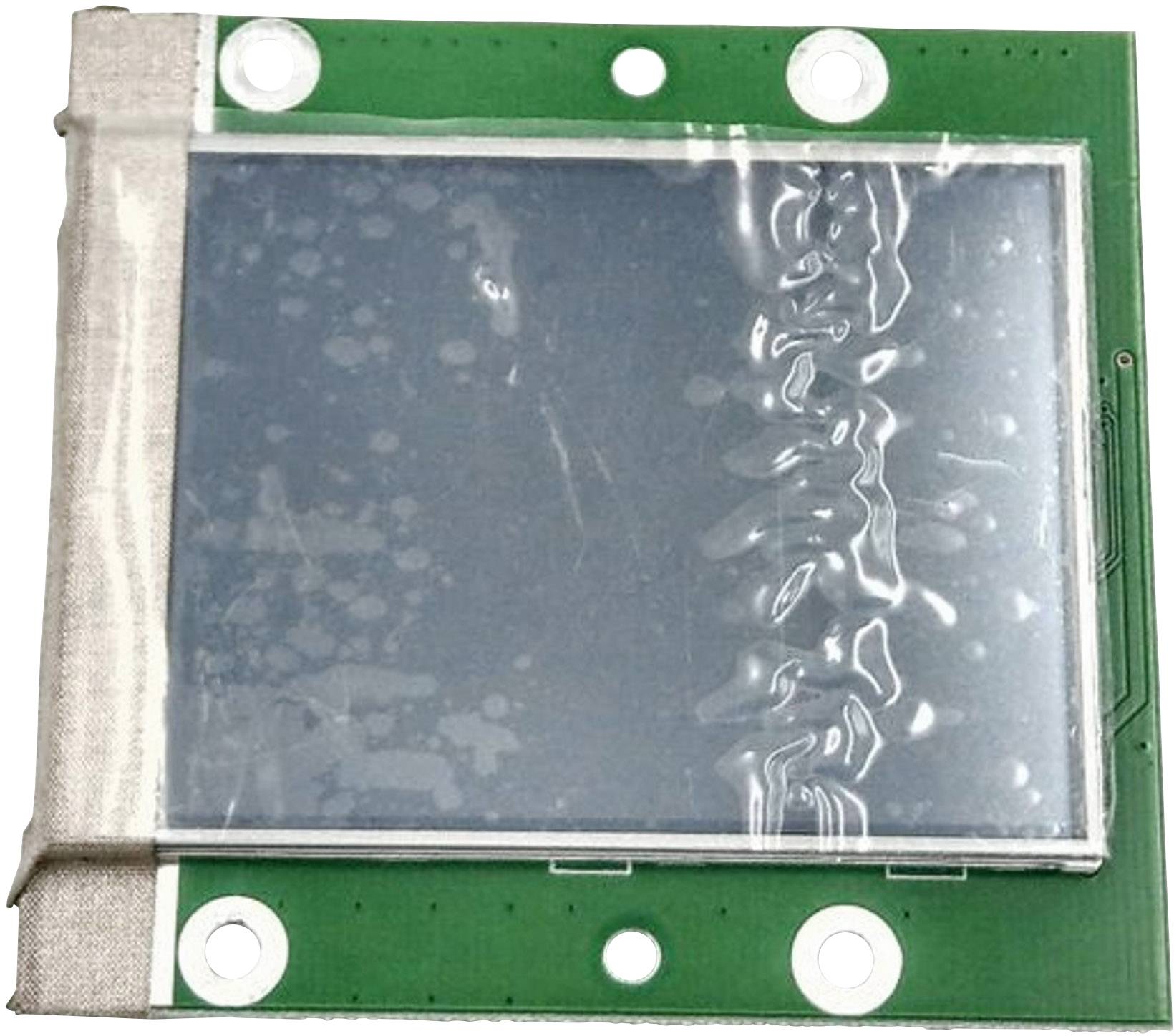 A green electronic circuit board with a square, silver chip in the centre, surrounded by four round connectors.