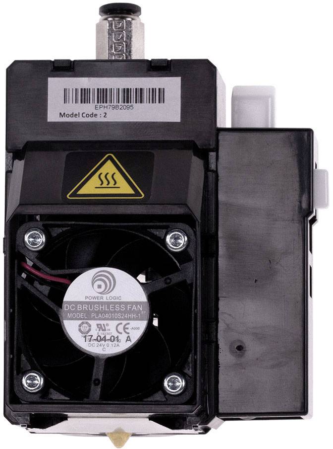 The image shows a black DC fan made of plastic with a yellow heat warning symbol. A barcode is located at the top.