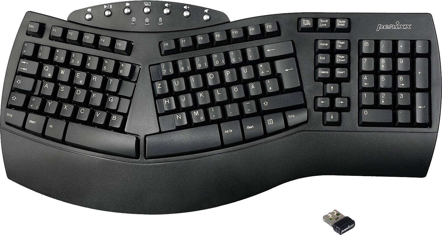 Perixx PERIBOARD-612BDE Bluetooth® Keyboard German, QWERTZ Black Ergonomic, Gel wrist support mat, Multimedia buttons