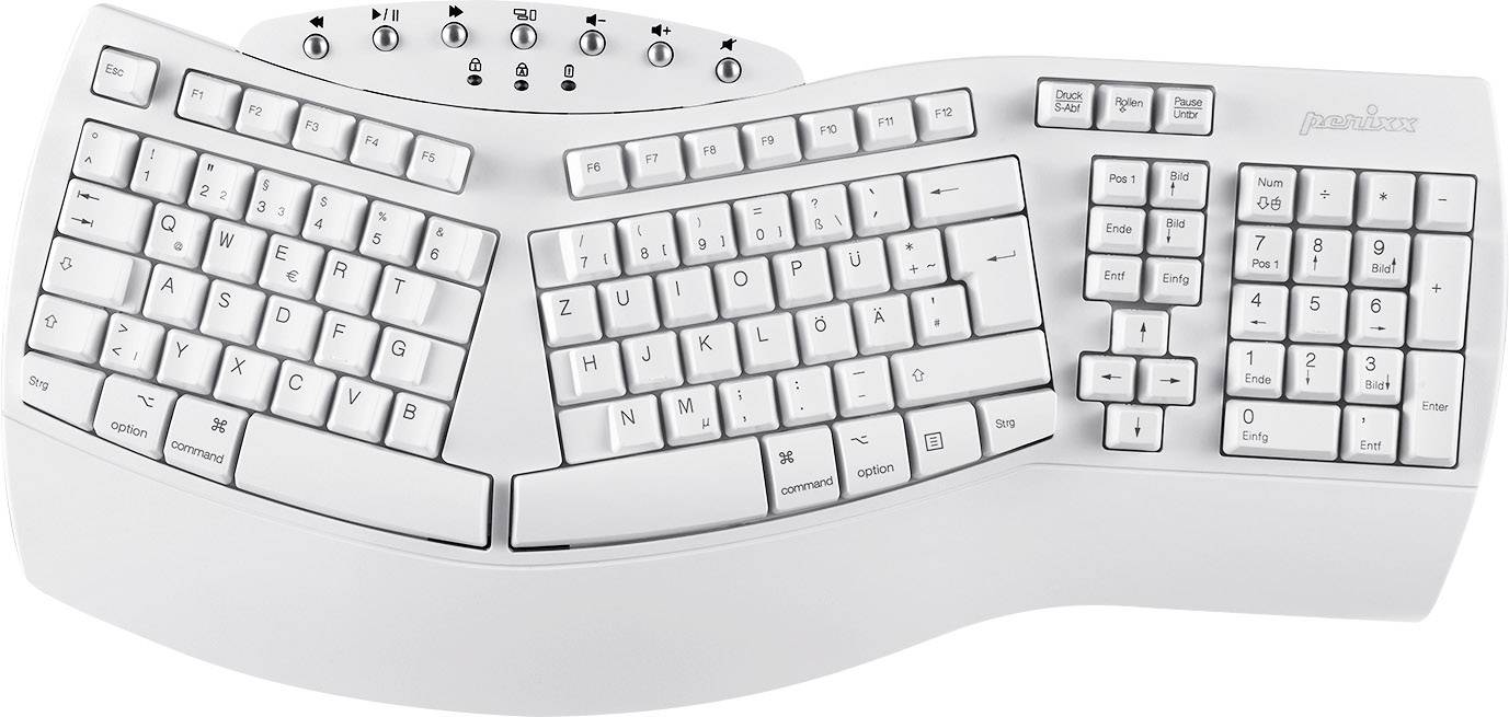 Perixx PERIBOARD-612WDE Bluetooth® Keyboard German, QWERTZ White Ergonomic, Gel wrist support mat, Multimedia buttons