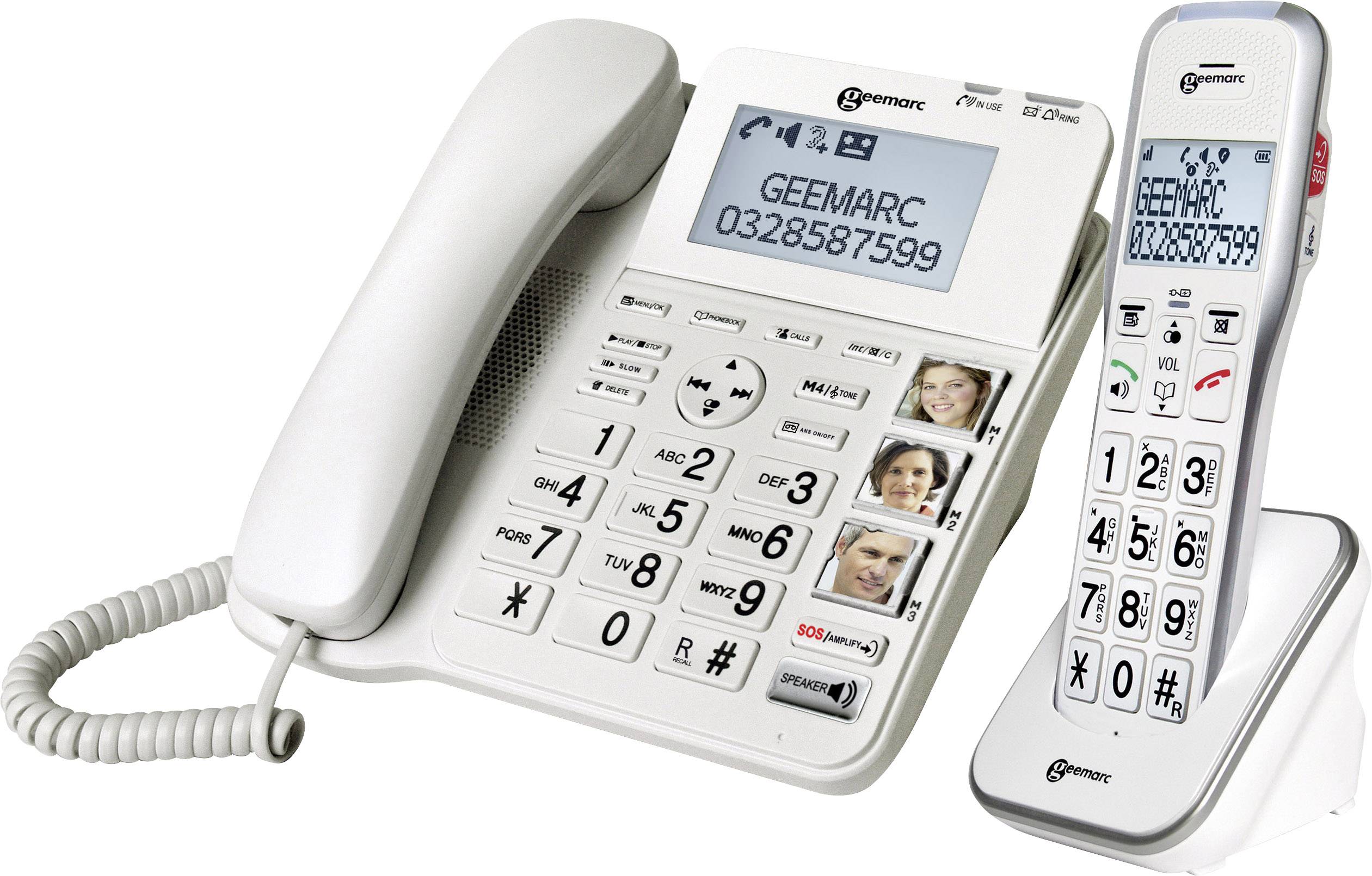 Cordless telephone with base station and handset. Large, easily readable buttons and photo speed-dial buttons for simple operation.