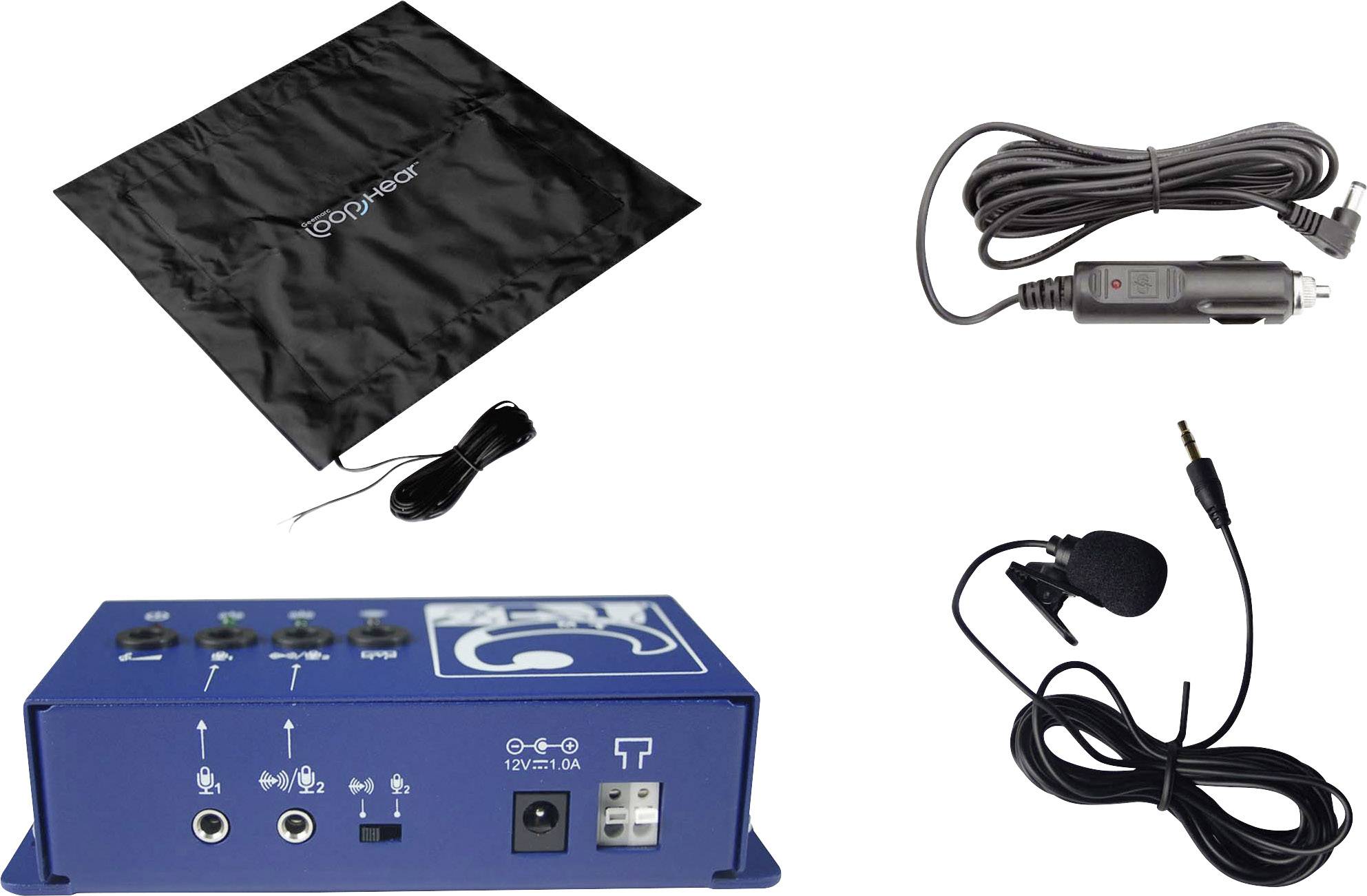 A blue amplifier connected to a microphone and power cable. Contains a bag with 'COPILOT' printed on it.