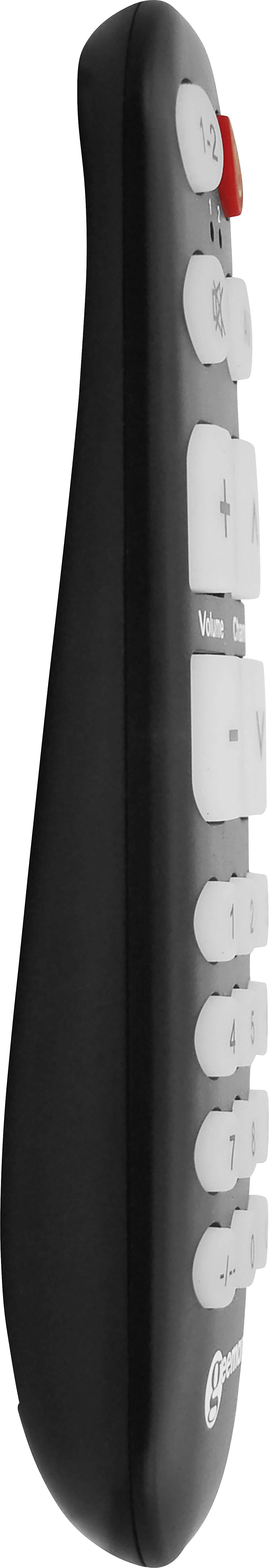 Black remote control with large white buttons and red power switch on top. Designed for easy usability.